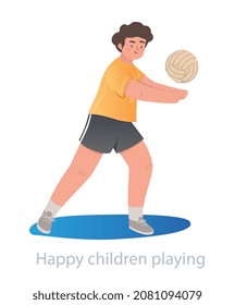 Sports for child concept. Young boy in sports clothes playing volleyball. Physical exercise or activity for children. Male character. Cartoon flat vector illustration isolated on white background