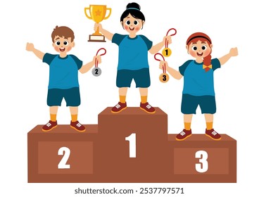 Crianças esportivas com medalhas segurando taças de ouro no pódio ou no pedestal do vencedor com prêmios de primeiro, segundo e terceiro lugares celebrando a vitória