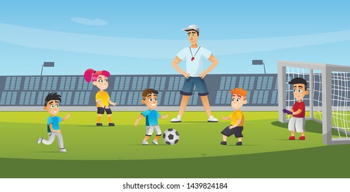 Sports For Children Soccer Training Cartoon Flat. Activity Boys And Girls Are Trained At Stadium To Hammer Ball Into Goal. Coach Man Oversees Happy Childrens Team. Vector Illustration.