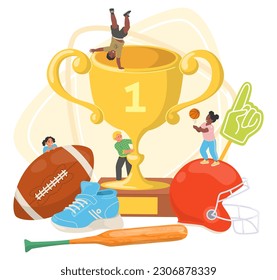 Sports for children vector poster with happy kids, rewards and training accessories illustration. Active childhood, happy leisure time concept