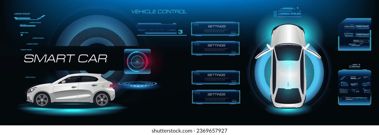 Vehículo deportivo de ciudad con interfaz táctil y ajustes HUD. Panel de navegación del coche con pantalla táctil para conductores. Pantalla táctil con configuración de control del coche