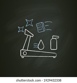 Sports cleaning chalk icon. Clean up sports equipment. Gym disinfection. Safety space and preventative measures. Cleaning service concept. Isolated vector illustration on chalkboard