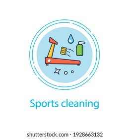 Sports cleaning concept line icon. Clean up sports equipment. Gym disinfection. Safety space and preventative measures. Cleaning service concept.Vector isolated conception metaphor illustration