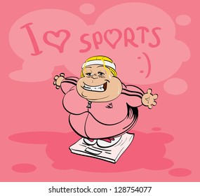 Sports, sports clothes and fat aunt. Vector illustration.