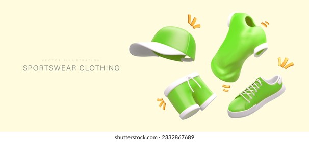 Sports clothes and shoes. Realistic green baseball cap, t shirt, shorts, sneakers. Youth style, gym cloth. Concept with floating vector elements, glowing lines. Poster with text