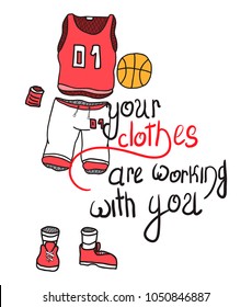 sports clothing for basketball players, clothes without a player,vector image,outline style,image with lettering