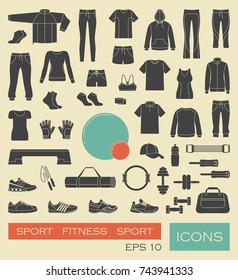 Sports clothing, equipment and accessories. Vector illustration