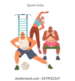 Sports Club concept. Diverse people exercising in a fitness club, promoting health and teamwork. Active lifestyle, gym community engagement. Vector illustration.