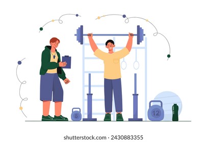 Concepto de entrenador deportivo. Hombre con barra y kettlebells. Estilo de vida activo y fitness. Culturismo y levantamiento de pesas. Ilustración plana del vector de la historieta aislada sobre fondo blanco