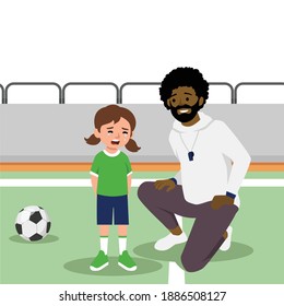 Sports coach man cheering a crying kid in the soccer field flat vector illustration