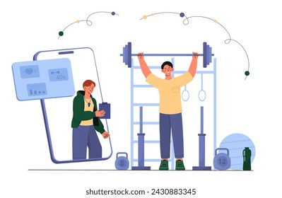 Sports coach online concept. Man with barbell and kettlebells. Active lifestyle and fitness on internet. Strong man with trainer. Cartoon flat vector illustration isolated on white background