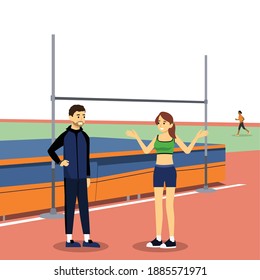 Sports coach talking to his athlete with patience flat vector illustration isolated on white background