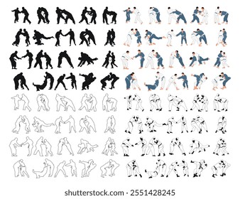 Sports collection of silhouettes of professional judokas in training, fight, duel. Judo athletes black and colored. Fighters. Martial arts