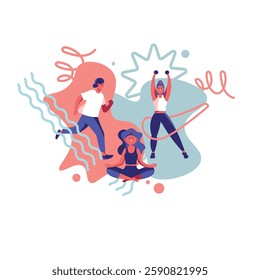 
Sports collection of vector illustrations of various sports. People working out in a gym. Runner, gymnastics, yoga.