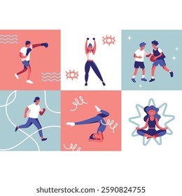 
Sports collection of vector illustrations of various sports. People working out in a gym. Boxing, runner, gymnastics, basketball, yoga.