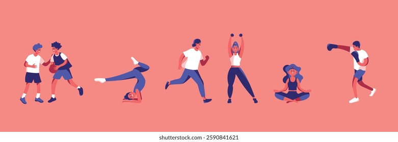 
Sports collection of vector illustrations of various sports. People working out in a gym. Boxing, runner, gymnastics, basketball, yoga.