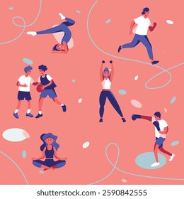 
Sports collection of vector illustrations of various sports. People working out in a gym. Boxing, runner, gymnastics, basketball, yoga.