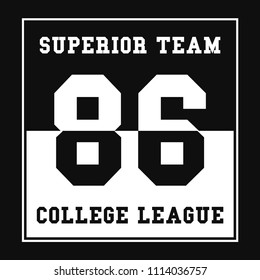 Sports, College league t-shirt graphics. Number sport typography. Print, t-shirt graphic. Vector