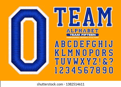 A sports or collegiate-style alphabet. This font has 3d embroidered thread effects. svg