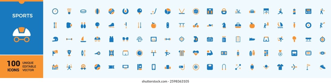 Sports colorful icons set in filled style. Containing fit, game, activity, gym, exercise, competition and more. UI icon set in a flat design. Fitness vector solid icon set. Editable vector art.