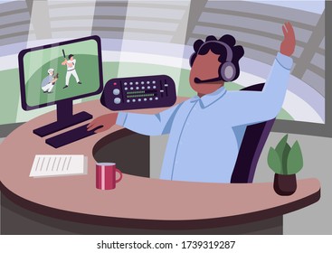 Sports commentary flat color vector illustration. African american commentator 2D cartoon character with stadium on background. Professional baseball match live narration and analytics