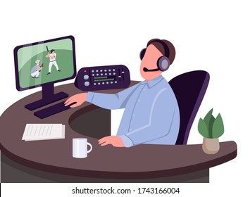 Sports commentator flat color vector faceless character. Sportive event commentary isolated cartoon illustration for web graphic design and animation. Expert overviewing baseball match