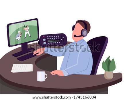 Sports commentator flat color vector faceless character. Sportive event commentary isolated cartoon illustration for web graphic design and animation. Expert overviewing baseball match