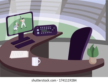 Sports Commentator Workplace Flat Color Vector Illustration. Broadcasting Room 2D Cartoon Interior With Stadium On Background. Empty Seat With Equipment For Baseball Match Observation