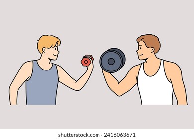 Sports competition between men lifting dumbbells with different weights or fitness mentoring in gym. Professional fitness trainer motivates student to engage in sports or bodybuilding