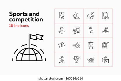 Sports and competition icons. Set of line icons on white background. Stop watch, runner, champion. Sport concept. Vector illustration can be used for topics like championship, sport