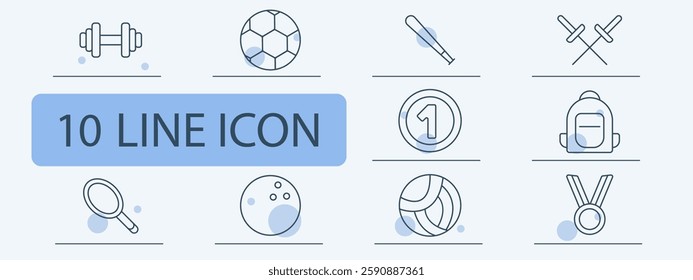 Sports and competition set icon. Dumbbell, soccer ball, baseball bat, fencing, trophy, backpack, racket, bowling, volleyball, medal.