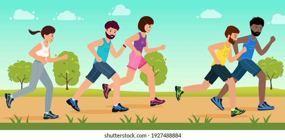 Concursos deportivos, entrenamiento al aire libre, atletismo. Estilo de vida activo saludable. Hombres y mujeres vestidos con ropa deportiva corren por la maratón del Parque. Ilustración vectorial en estilo plano moderno.