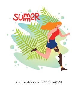 Sports Competitions for People with Disabilities. Active Recreation for People with Disabilities. Young Woman Goes in for Sports Nature. Girl with Prosthetic Leg Runs against Background Palm Leaves.