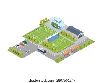 Sports Complex with Football Fields, Stadium Seating, and Parking Lot 3d isometric vector illustration