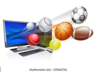 Sports computer app concept, an illustration of a pc computer with sports balls flying out of the screen