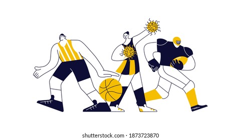Sports concept with athletes in yellow on white. Different male and female sportsmen isolated. Flat Art Vector Illustration