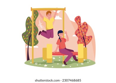 Sports concept with people scene in the flat cartoon design. Children play sports in the park. Vector illustration.