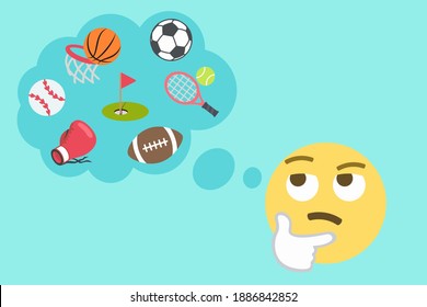 sports concept with soccer ball,baseball,basketball,american football,tennis racket,flag in hole and boxing glove with thinking face and thought bubble on blue background,emoji vector illustration