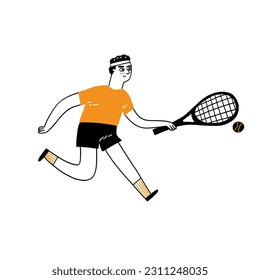 Sports concept. Tennis player with a racket in his hand. Vector illustration hand draw doodle style on an isolated white background.