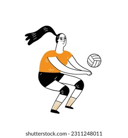 Sports concept, Volleyball player woman hits the ball. Vector illustration hand draw doodle style on an isolated white background.