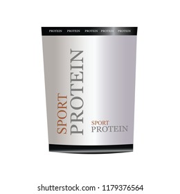 Sports container for food protein bada isolated on background. Vector containers wrapped in a flat style. Sports and fitness supplements with a measuring spoon. Vector illustration of a protein in jar