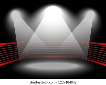 Sports contest background, fighting arena, opponents rivalry battle concept, floodlights illuminating the boxing ring