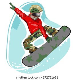 sports cool snowboarder jumping. Bright expressive vector illustration.Snow and mountains in the background