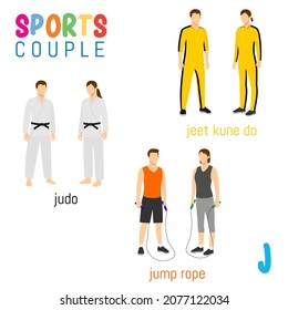 Sports Couple alphabet in vector with J letter. illustration cartoon sports. Alphabet design in a colorful style.