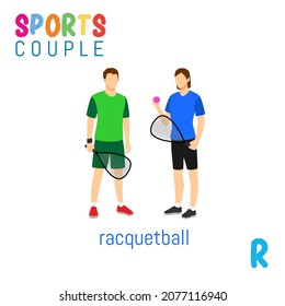 Sports Couple alphabet in vector with R letter. illustration cartoon sports. Alphabet design in a colorful style.