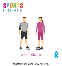 Sports Couple alphabet in vector with R letter. illustration cartoon sports. Alphabet design in a colorful style.