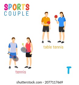 Sports Couple alphabet in vector with T letter. illustration cartoon sports. Alphabet design in a colorful style.