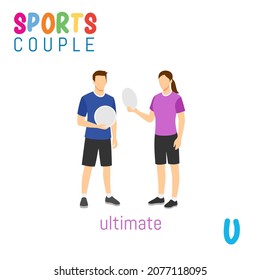 Sports Couple alphabet in vector with U letter. illustration cartoon sports. Alphabet design in a colorful style.