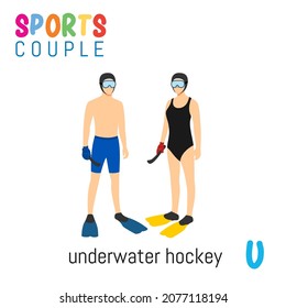 Sports Couple alphabet in vector with U letter. illustration cartoon sports. Alphabet design in a colorful style.