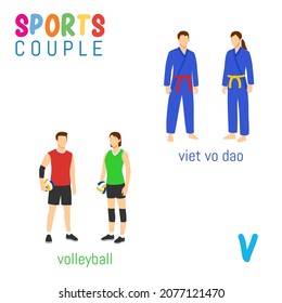 Sports Couple alphabet in vector with V letter. illustration cartoon sports. Alphabet design in a colorful style.